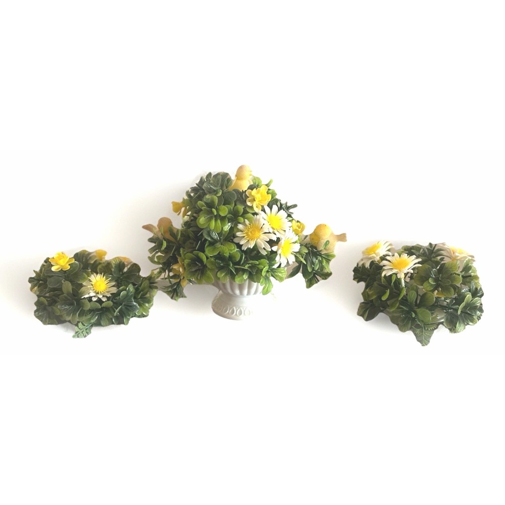 Vintage Plastic Flower Centerpiece w Flocked Birds & 2 Candle Holders 1960s MCM